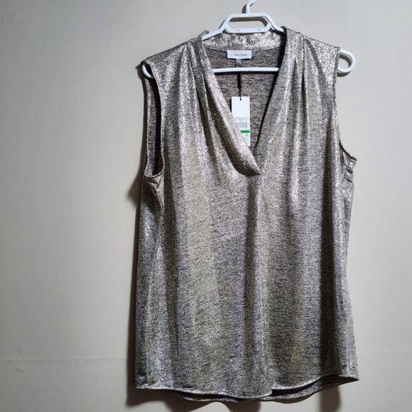 Calvin Klein mettalic v neck sleeveless blouse color gold Size large - Picture 1 of 6